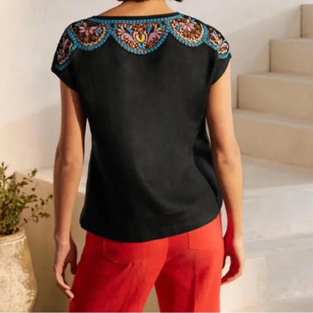 NWOT Boden Fleur Black Linen Embroidered Blouse - Picture 4 of 11